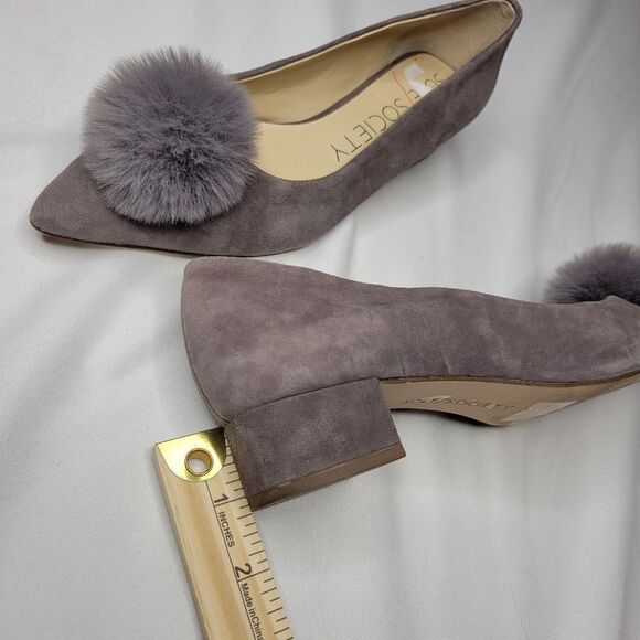 7 SOLE SOCIETY suede pom pointed leather block heel pointy flats w/ faux fur - Picture 14 of 14